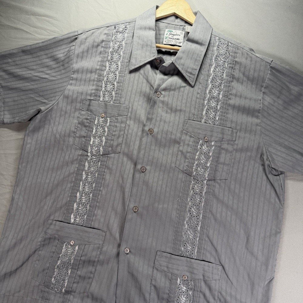 Haband Guayabera Shirt Mens XL Cuban Pockets Short Sleeve Button Up Cotton Gray